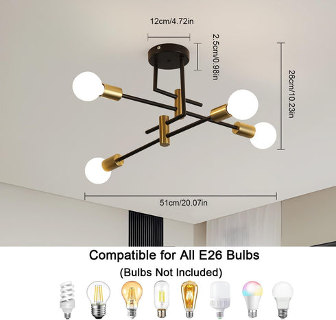 4 Sputnik Ceiling Light Fixture, Light Black and Gold Sputnik Lighting Fixture Semi Flush Mount Modern Industrial