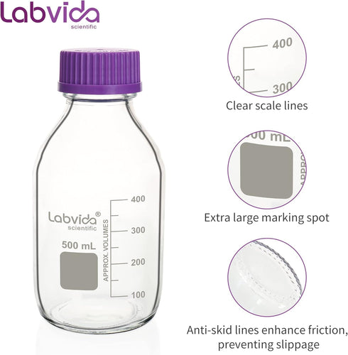 6 pcs 500ml Round Media Storage Bottles with GL45 Screw Cap in Purple, Borosilicate Reagent Bottles