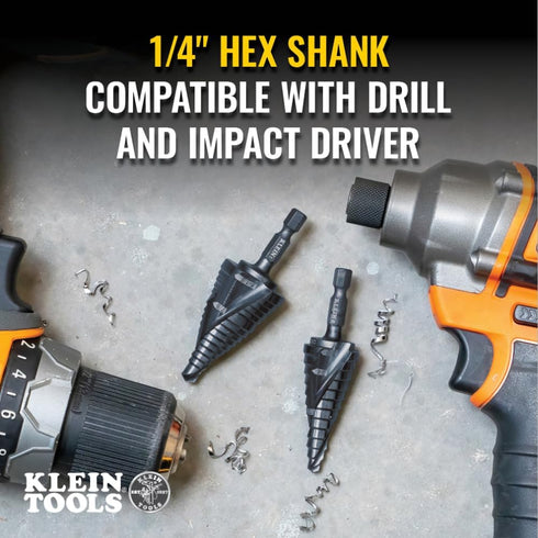Klein Tools QRST14 Step Drill Bit, Quick Release, Spiral Double-Fluted, 3/16 to 7/8-Inch, Hex Shank, Cut Steel