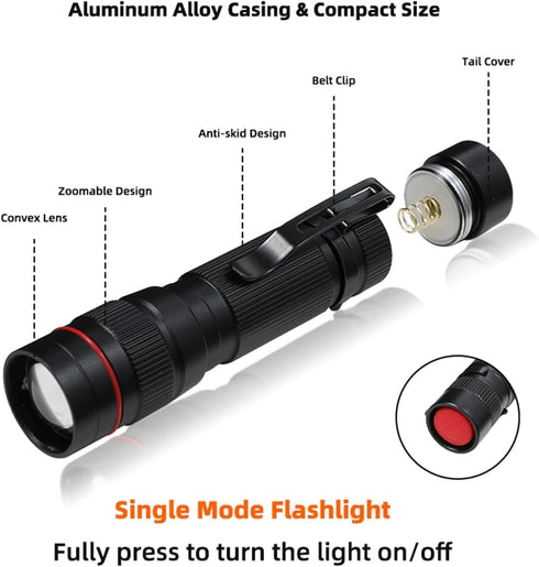 10 Pack Small Mini LED Flashlights, Single Mode Zoomable Flashlight AA Battery Powerful Flashlights with Pocket Clip