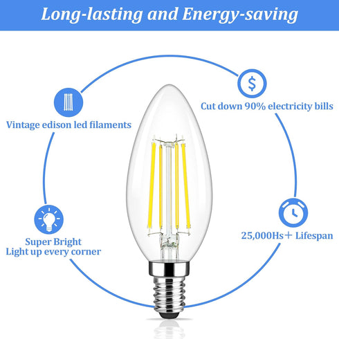 Brightever E12 Candelabra LED Light Bulbs 60 Watt Equivalent, 620 Lumen 6W Clear LED Filament Candle Bulbs, Daylight