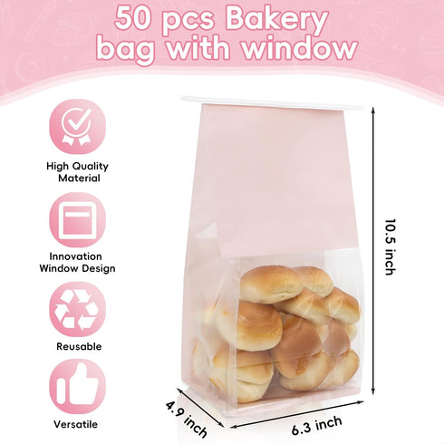 50 6.3'' 5.1'' 10.2'' Packaging(Pink) Funcoo pcs Bakery Bags with Window, x x Bakery Cookie Bags with Tin Tie Tab Lock