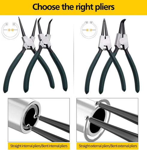 Snap Ring Pliers Set, 2pcs 7" Heavy Duty Internal/External Circlip Pliers Kit with Bent Jaw for Ring Remover