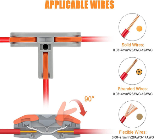 EEEKit 30Pcs Compact Wire Conductor Connector, T-Shape Lever Nut Quick Splitter 3 Way Electrical Connectors, AWG 28-12