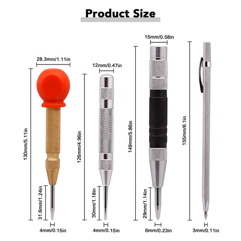 4 Pack 5 Inch and 6 Inch Automatic Center Punch Tool Adjustable Spring Loaded Punch and Metal Engraving Pen for Metal Wood Working with Hard-Shell Carry Case