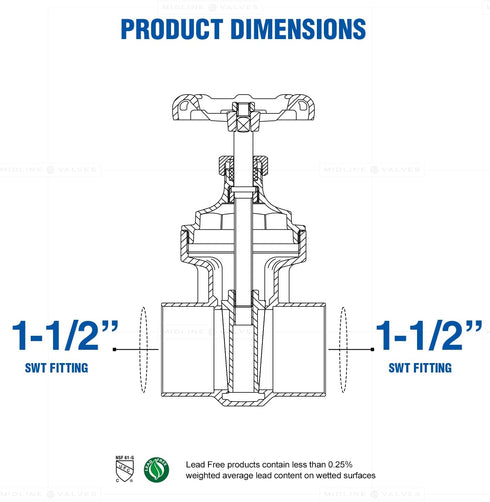 MIDLINE VALVE 427D334 Gate Valve, Lead-Free, 1-1/2 in. Sweat Connection