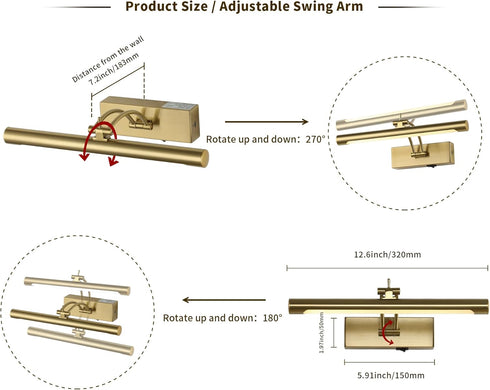 12in Arm,Dimmable Battery Operated Picture Light with Remote,Wireless Gallery Lights Brass Rechargeable Display Light