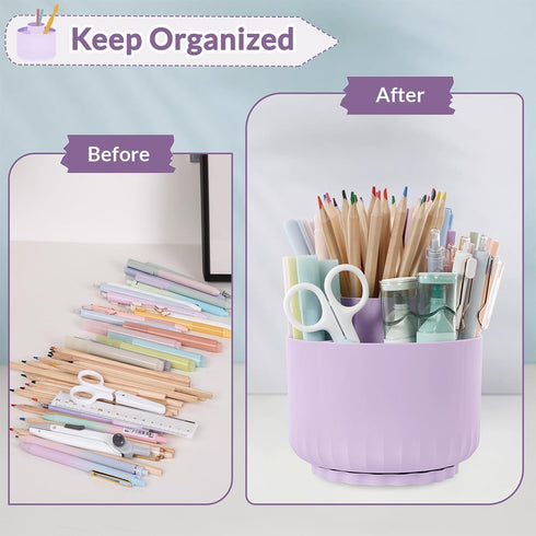SKYDUE 360 Degree Rotating Desk Organizer, Purple Dual-Purpose Pencil Pen Holder with 5 Slots