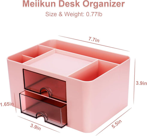 Plastic Pen Organizer, Multifunctional Desk Organizer with 2 Drawers, 4 Compartments & a Top Tray, Pencil Holder Desktop Organizers and Accessories for Office, 7.7" x 5.5" x 3.9" (Pink) by Meiikun