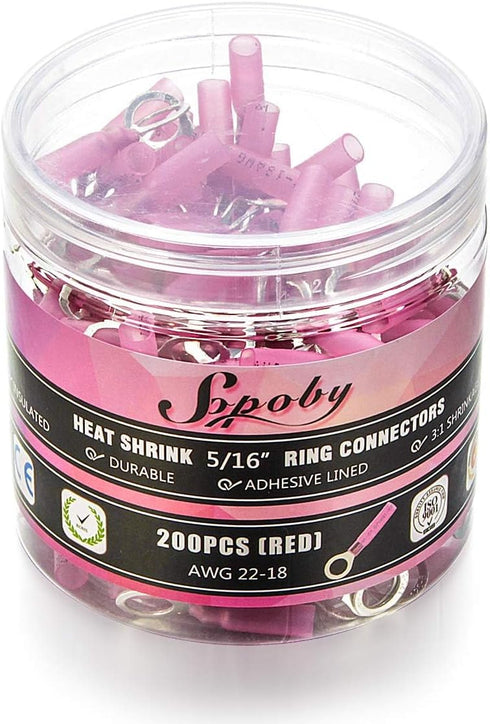 Sopoby 200PCS Heat Shrink Ring Connectors #10 Red 22-18 AWG - Heat Shrink Connectors Kit for Automotive Marine