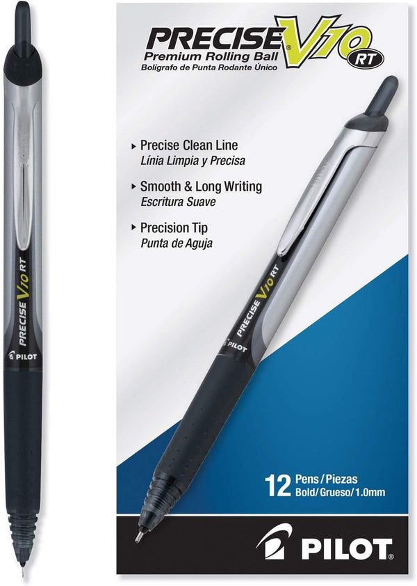 Pilot Precise V10 RT Refillable & Retractable Rolling Ball Pens, Bold Point 1 mm, Blue, Pack of 12