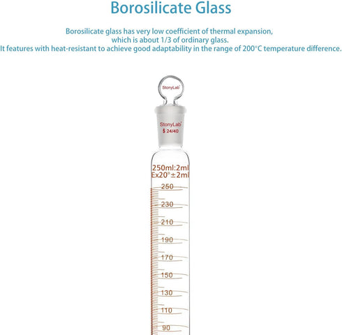 stonylab 250 ml Measuring Cylinder with Stopper, Heavy Wall Borosilicate Glass, Graduated with 24/40 Joint