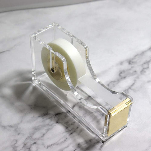 Multibey Clear Acrylic Gold Desktop Adhesive Tape Dispenser Cutter with Tape, Office School Gift Idea