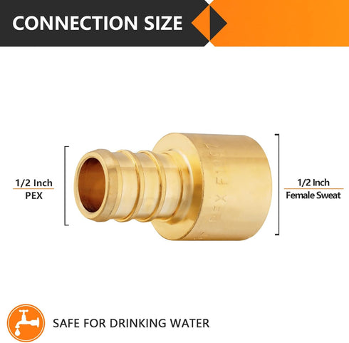 20-Pack PEX Fittings, 1/2" PEX x 1/2" Female Sweat Adapter, Brass Crimp Fitting for PEX Pipes