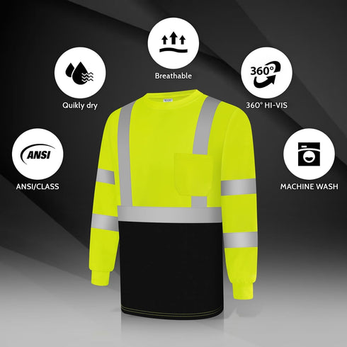 Safety Shirts for Men Class 3 High Visibility Long Sleeve Construction Work Shirts with Black Bottom, Hi Vis Reflective