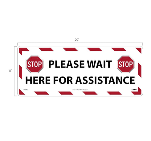NMC WFS76A STOP! Please Wait Here for Assistance Sign - Social Distancing Floor Sign, 8" x 20"