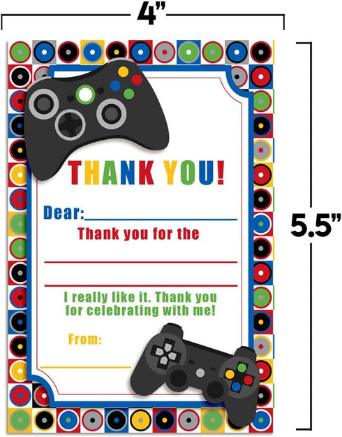 Game On Video Gamer Themed Thank You Notes for Kids - Ten 4" x 5.5" Fill in the Blank Cards with 10 White Envelopes