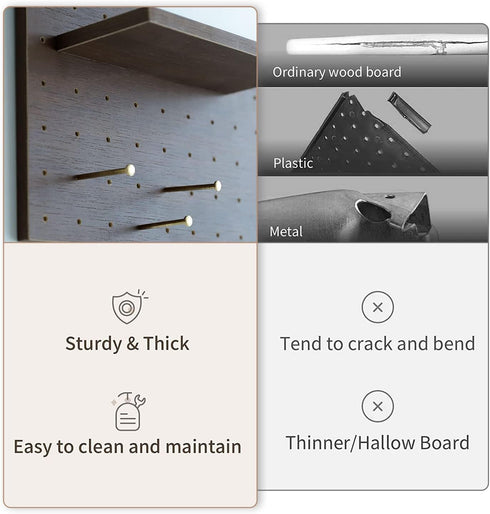 Wooden Pegboard, Sturdy Modular Grid Organizer for Walls, DIY Storage and Display Panels with Shelves and Brass Hooks