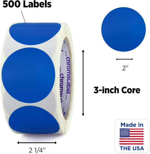 ChromaLabel 2 Inch Round Removable Color Code Dot Stickers, 500 Labels per Roll, Dark Blue