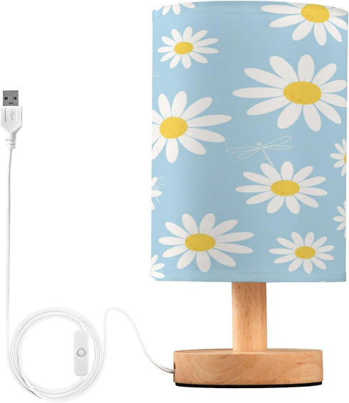 ALAZA White Daisy Flowers Blue Table Lamp for Bedroom USB Port Bedside