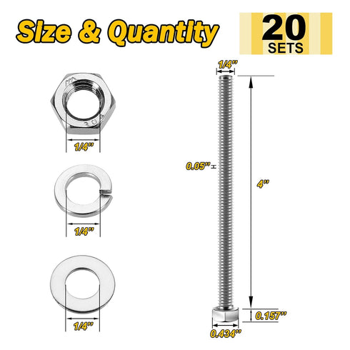 (20 Sets) 1/4-20x4" Hex Head Stainless Steel Bolts and Nuts with Washers, 304 Stainless Steel Fully Threaded