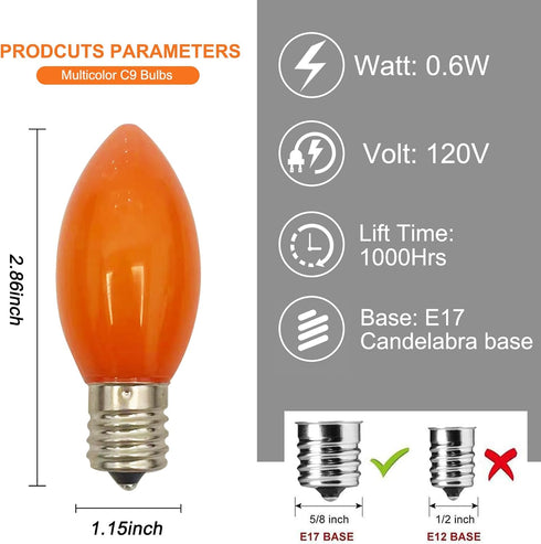 Abeja 25 Pack Multicolor C9 LED Christmas Light Bulbs, C9 LED Replacement Bulbs Fits E17Intermediate Base, 0.6 Watts LED bulb for Christmas Lights Outdoor Indoor Party Backyard Christmas Decor by Abeja