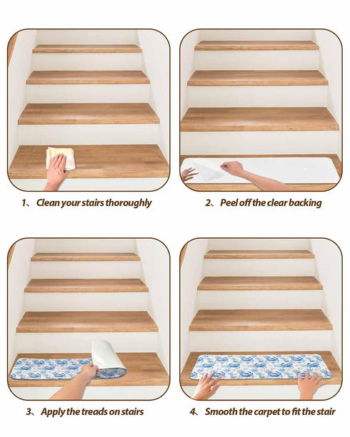 BOHOOSKYLAR 4 8"x30" Ocean Crab Stair Treads Seaweed Starfish Coral Blue Texture Indoor Non Slip Peel and Stick Stair