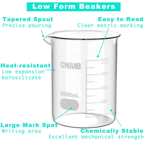 ONiLAB Griffin Low Form Glass Beaker, 2000ml Volume, 3.3 Borosilicate with Printed Graduation