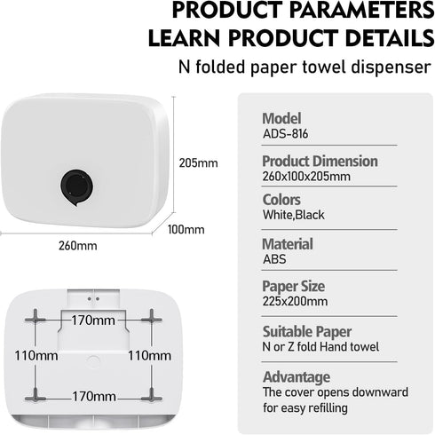 200-Sheet Small N-Fold Wall-Mount Paper Towel Dispenser - ABS Plastic Hand Towel Holder, Key & Press Dual Unlock