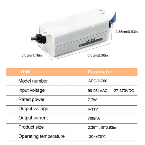 DynMach APC-8-700 6-11V 700mA 7.7W, Constant Current LED Driver - Quiet Power Supply - for Smart Home & IoT Devices