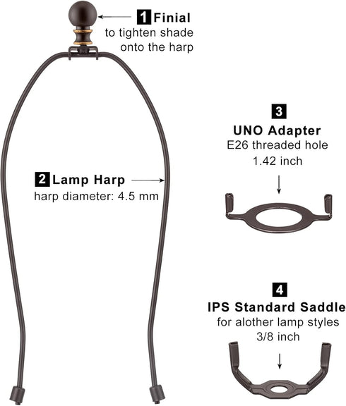 Bronze Lamp Shade Harp with Lamp Finials - 12 Inch, 2 Set Lamp Harp with 3/8 Standard Saddle, E26 Light Base UNO Fitter Adapter, Lamp Hardware for Table and Floor Lamps, Lamp Accessories and Parts by Qc