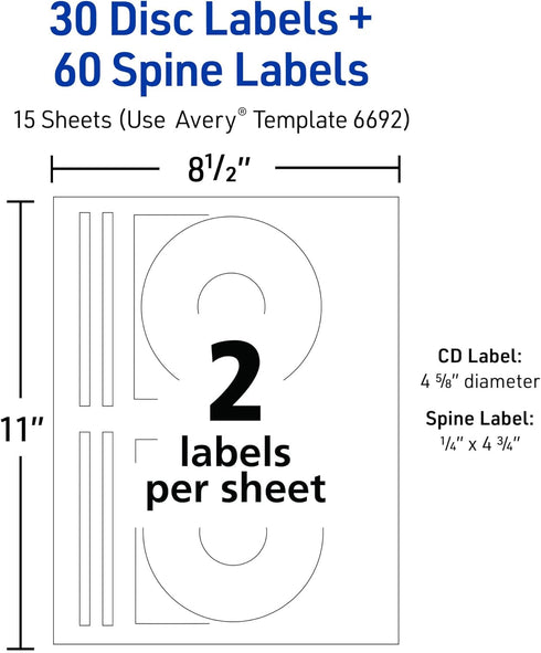Avery Printable CD Labels, Matte White, 30 Disc & 60 Spine Labels, Laser Printer Compatible