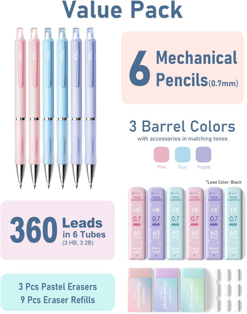 Four Candies 0.7mm Mechanical Pencil Set, 6PCS Cute Pencils with Lead Refills and Erasers