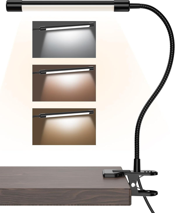 JHD LED Desk Lamp with Clamp, Adjustable 3 Modes, 10 Brightness Levels, USB Eye Caring Gooseneck Light, Black