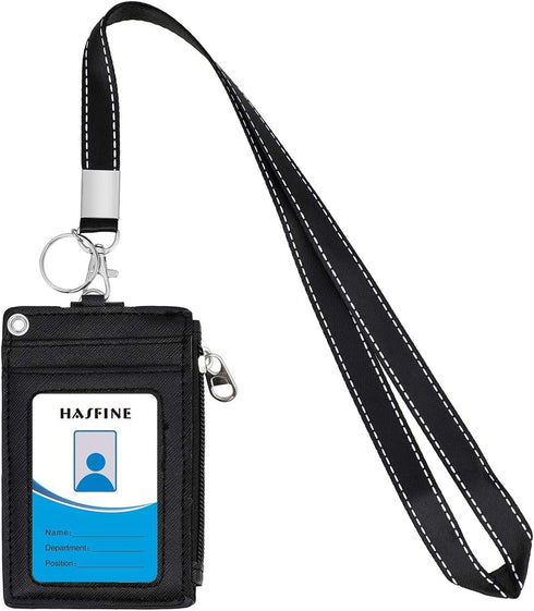 HASFINE ID Badge Holder with PU Leather Zipper Pocket & Lanyard, 2 Sided 5 Card Slots, Detachable Keychain Lanyard
