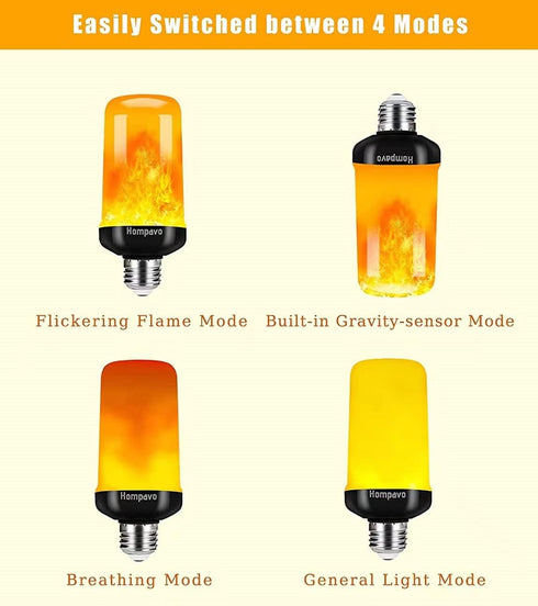 Hompavo Upgraded LED Flame Light Bulbs, 4 Modes Flickering, E26/E27 Flame Bulb for Halloween Christmas Party, 2 Pack