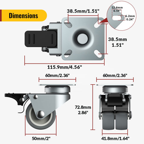 Heavy Duty Caster Wheels 2 inch Casters for Furniture with Safety Brake Swivel Caster Set of 4 with Screws Total Capacity 880 lbs (2 with Brakes and 2 Without)