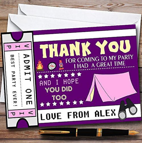 The Card Zoo Girls Purple Camping Ticket Personalized Childrens Birthday Party Thank You Cards