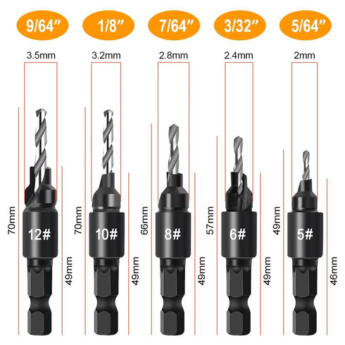 5Pcs Countersink Drill Bit Set, Woodworking Counterbore Hole Drill Bits with 1/4" Hex Shank for Adjustable Drilling