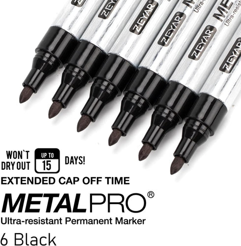 ZEYAR Permanent Markers, Bullet Tip, Waterproof Quick Drying Ink - Great on Plastic, Wood, Stone, Metal (6 Black)