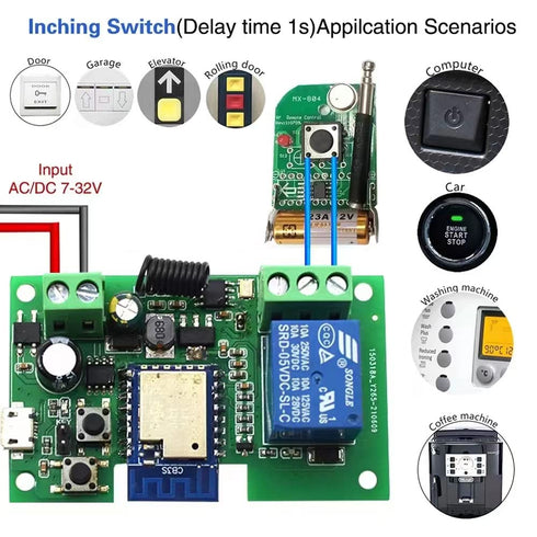 Tuya Smart Life WiFi Momentary Inching Relay, DC 7-32V/USB 5V, DIY Smart Home, Compatible with Alexa