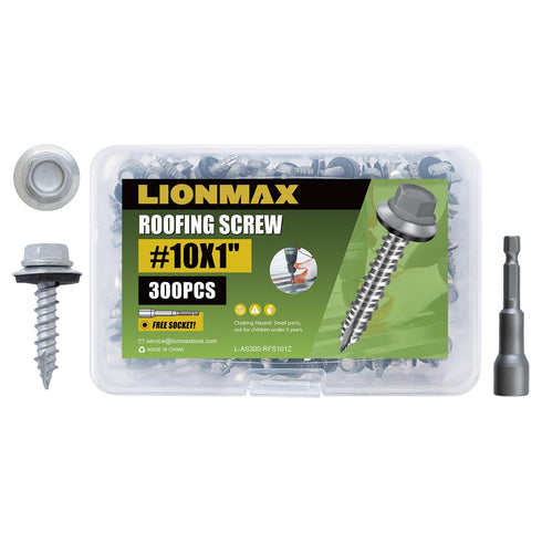 LIONMAX Metal Roofing Screws #10 × 1 Inch, 300-PCS, Zinc Plated Hex Head Sheet Metal Roof Screws, Rubber Washer, Sharp