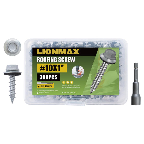 LIONMAX Metal Roofing Screws #10 × 1 Inch, 300-PCS, Zinc Plated Hex Head Sheet Metal Roof Screws, Rubber Washer, Sharp