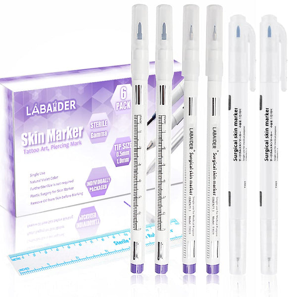 LabAider 6Pcs Professional Surgical Tip Skin Marker Pen with Paper Ruler for Eyebrow, Lips - Sterile Tattoo Stencil