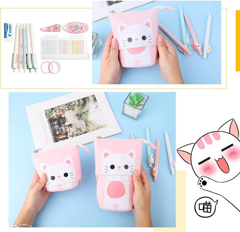 iSuperb Cute Cat Telescopic Pencil Pouch Case with Zipper, Canvas Stationery Box for Kids, 7.5 x 4.9 x 3.0 inch