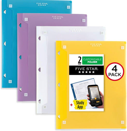 Five Star 4 Pack Pocket Folder + Study App, 2 Pocket Folder, Customizable Cover, White, Amethyst Purple, Harvest