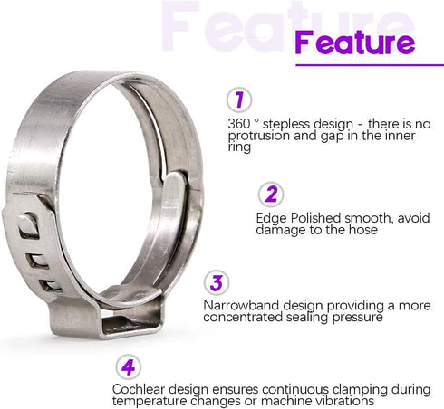 Swpeet 120Pcs 304 Stainless Steel Single Ear Hose Clamps, 8 Sizes Crimp Hose Clamp Assortment Kit for Automotive