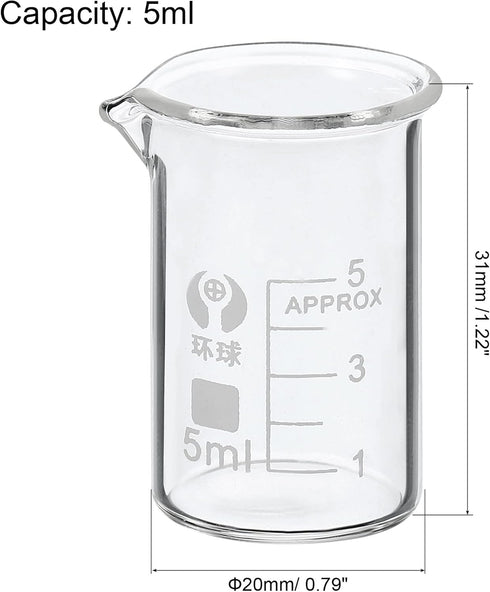 PATIKIL 5ml Low Form Glass Beaker, 3.3 Borosilicate Glass Graduated Printed Scale Measuring Cups with Spout for Kitchen Lab Liquids Transit Boiling
