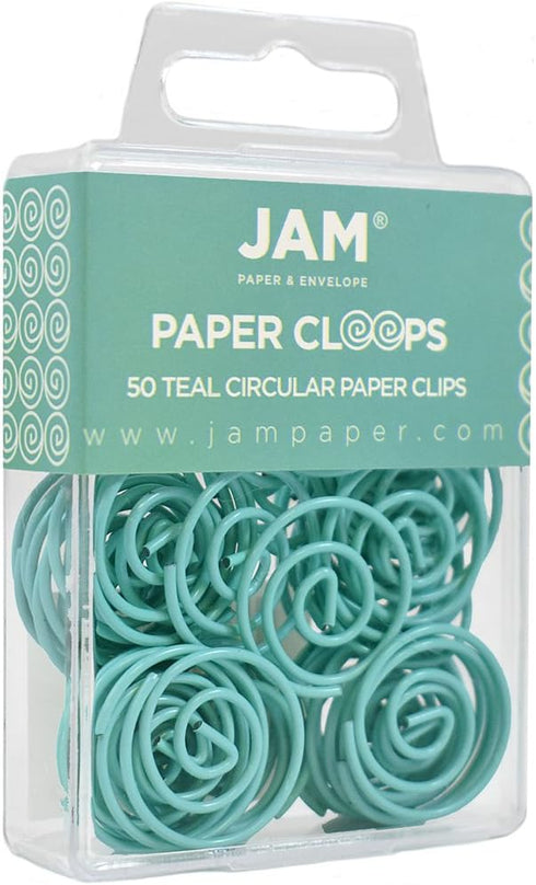JAM PAPER Circular Paper Clips, Round Paperclips, Teal, 50/Pack