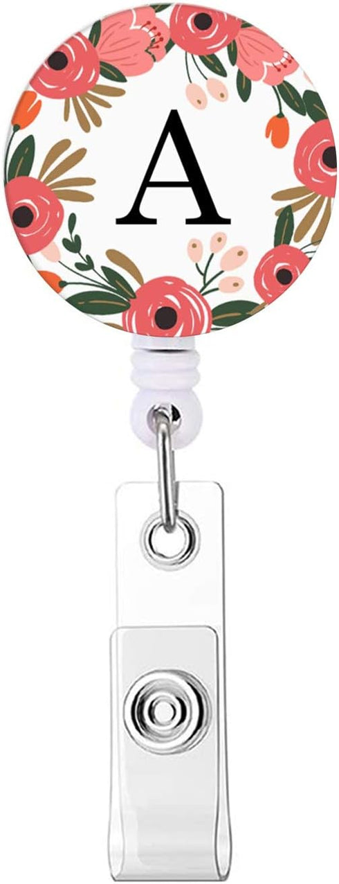 Retractable ID Card Badge Holder with Alligator Clip - Floral Wreath Letter A, Decorative Clip on Card Holders
